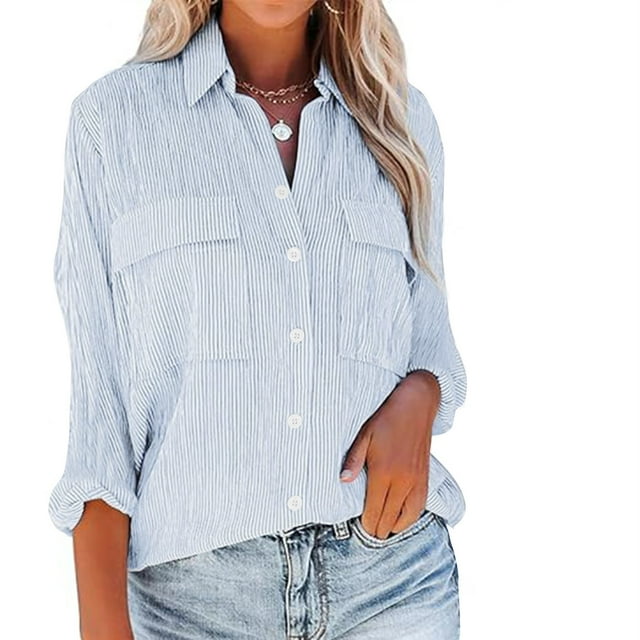 Jsaierl 3/4 Length Sleeve Womens Tops Striped Button Down Shirts Oversized Work Office Collared Blouses Comfy Loose Fit Shirts with Pockets