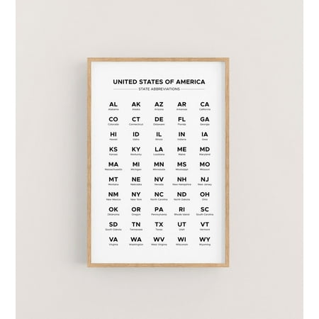 Us State Abbreviation Chart In Alphabetical Order. List Of Two Letter Abbreviated Names For All 50 States Wall Art, Modern Wall Decor, 8x12 UNFRAMED