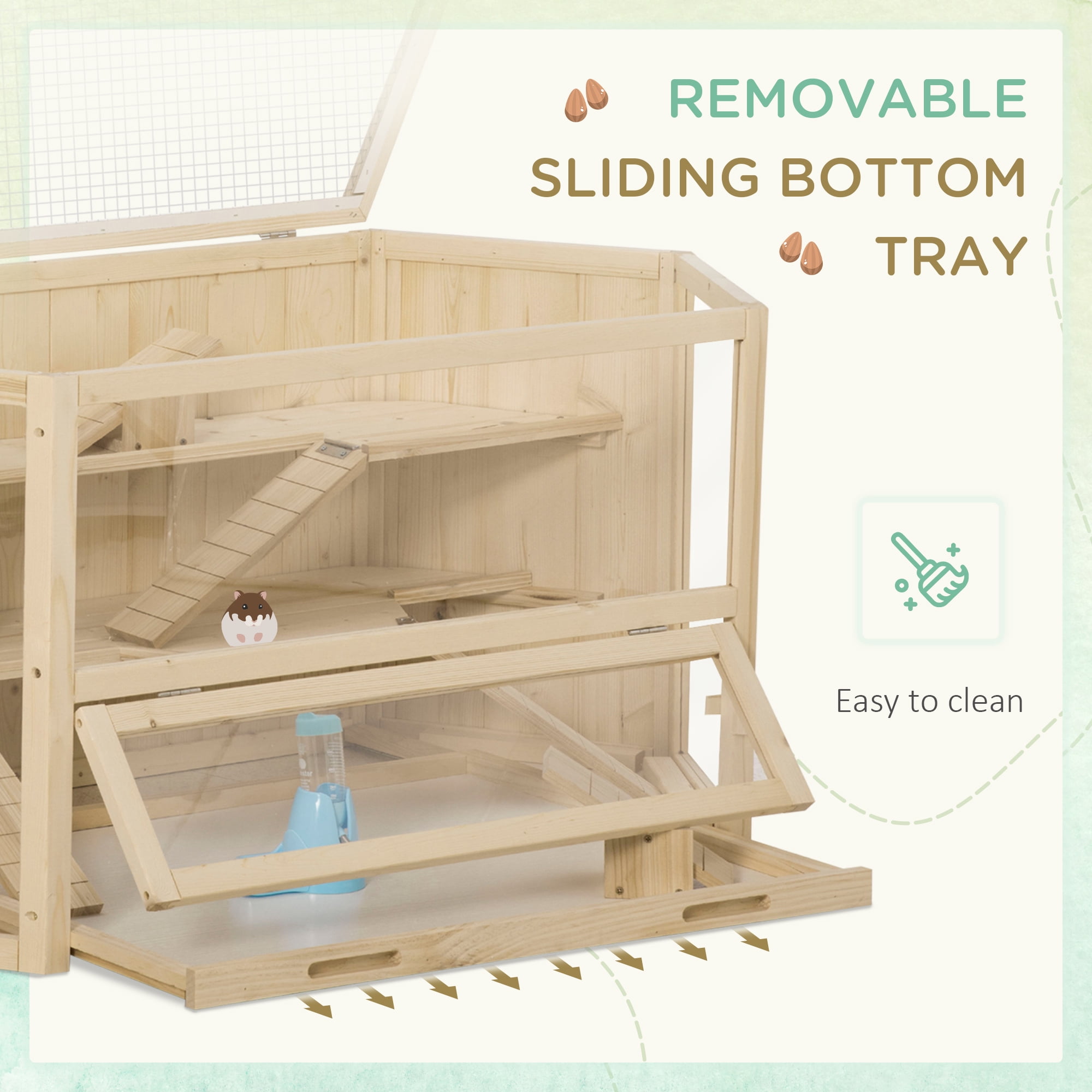Wooden Large Hamster Cage Small Animal Exercise Play House 3 Tier with Tray, Seesaws, Water Bottle, Activity Center, Natural