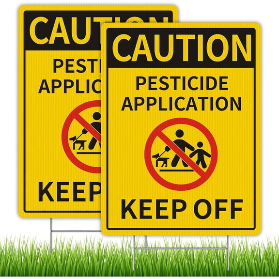 2 Pack Caution - Pesticide Application, Keep Off Yard Sign with Metal Stakes, 12.6 x 9.4 inches Corrugated Plastic Double Sided, Weatherproof, Easy to Mount