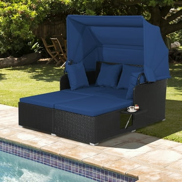 Gymax Patio Hand-Woven PE Wicker Daybed Outdoor Loveseat Sofa Set w/ Navy Cushions