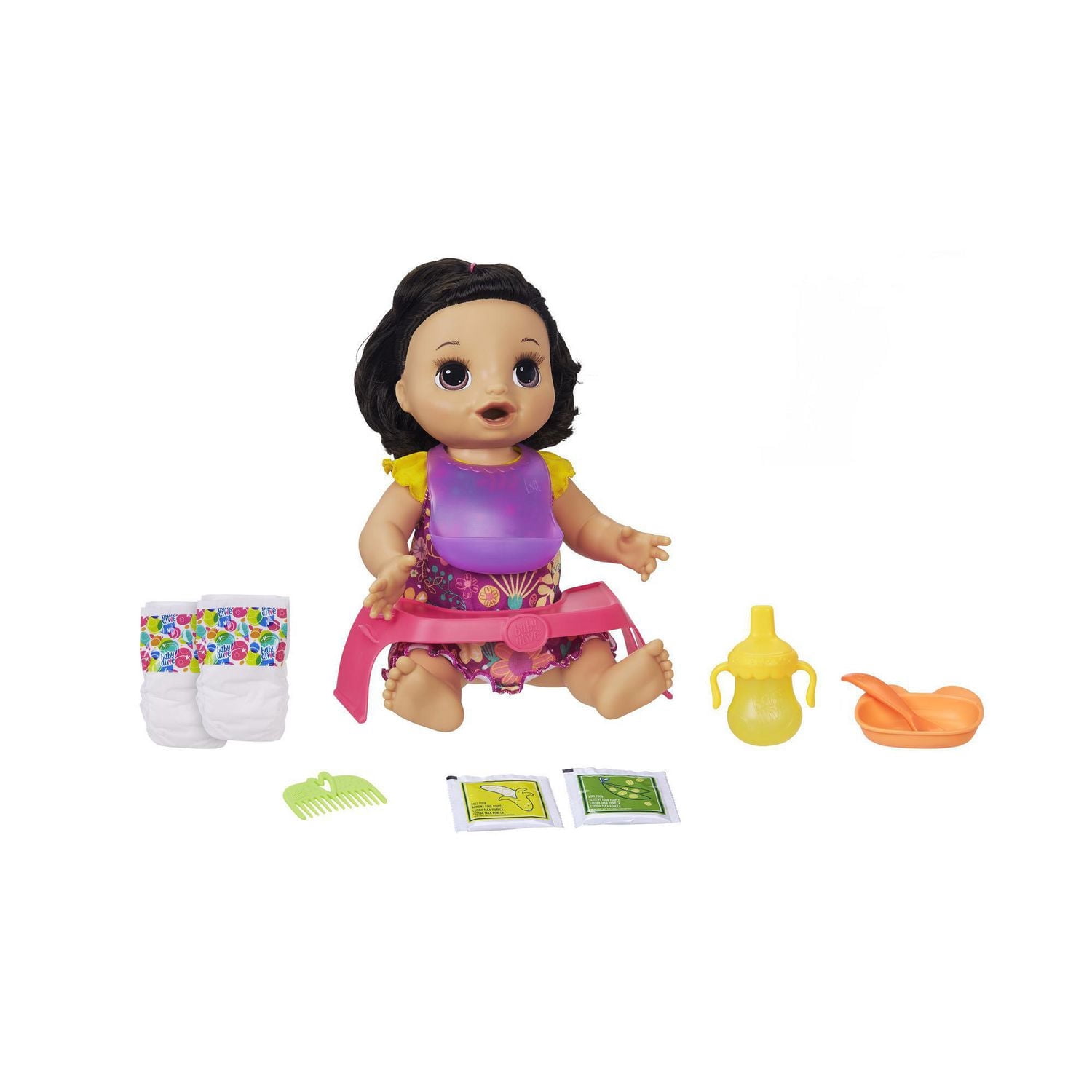Baby Alive, poupée Bébé adore manger, aux cheveux noirs et lisses, plus de 50 sons et phrases, mange et fait caca, boit et fait pipi, pour enfant, à partir de 3 ans