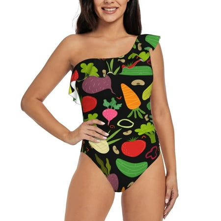 Sikiie Cartoon Vegetables Print Women One Piece Swimsuits Tummy Control One Shoulder Bathing Suits Ruffle Swimwear  From S to XXL-XX-Large