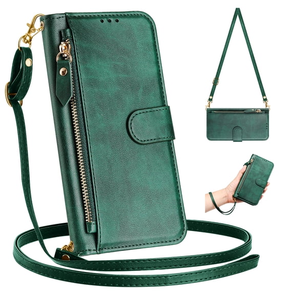 For Samsung Galaxy S25 Ultra Wallet Case: with RFID Blocking Card Holder (4 Cards) | Soft PU Leather Magnetic Closure Zipper Slot | Crossbody Strap & Wrist Lanyard Protective Phone Cover,Darkgreen