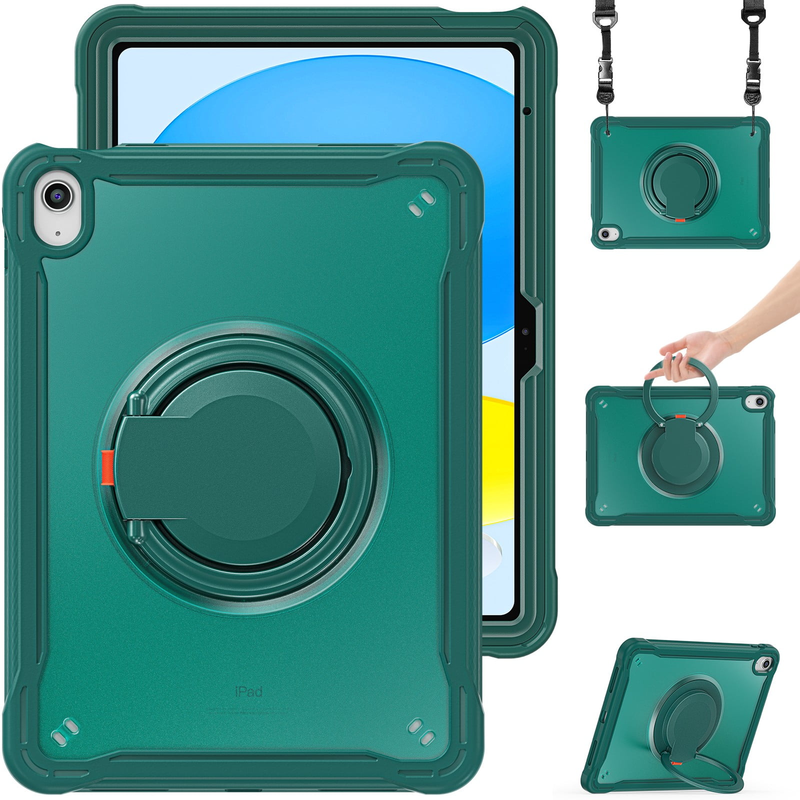ELEHOLD Rugged Case For Apple iPad Air 13 (2024) Hybrid Shockproof Cover [360 Rotating Stand] [Hand Grip] [Pencil Holder] [Detachable Shoulder Strap] Kids Case, Darkgreen
