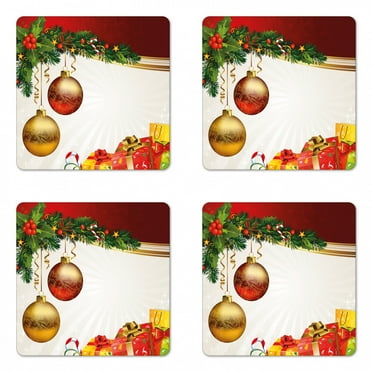Christmas Coaster Set of 4, Yule Eve Balls Baubles Ribbon Present Boxes Fir Tree Greeting Celebration Theme, Square Hardboard Gloss Coasters, Standard Size, Multicolor, by Ambesonne