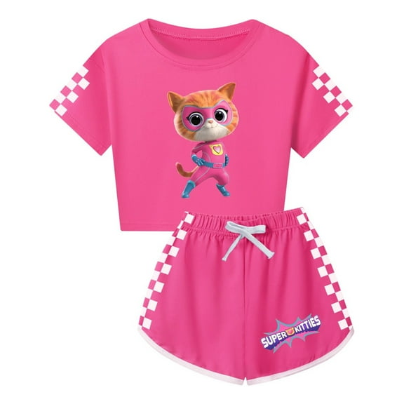 Super-Kitties Cartoon Cat Clothes for Girls – 2-Piece Short Sleeve Crop Top and Shorts – Kids Summer Outfit Set