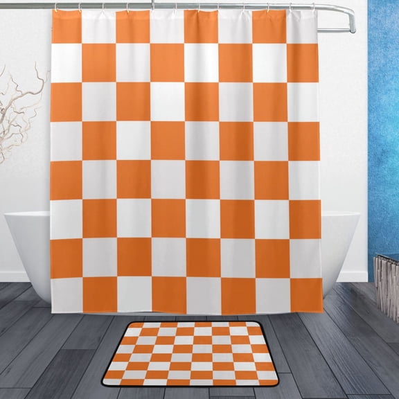 TTYFWHD 60" x 72" Shower Curtain and Bath Mat Set Orange Checkerboard Waterproof Bathroom Curtain with 12 Hooks, Bathroom Decor Set