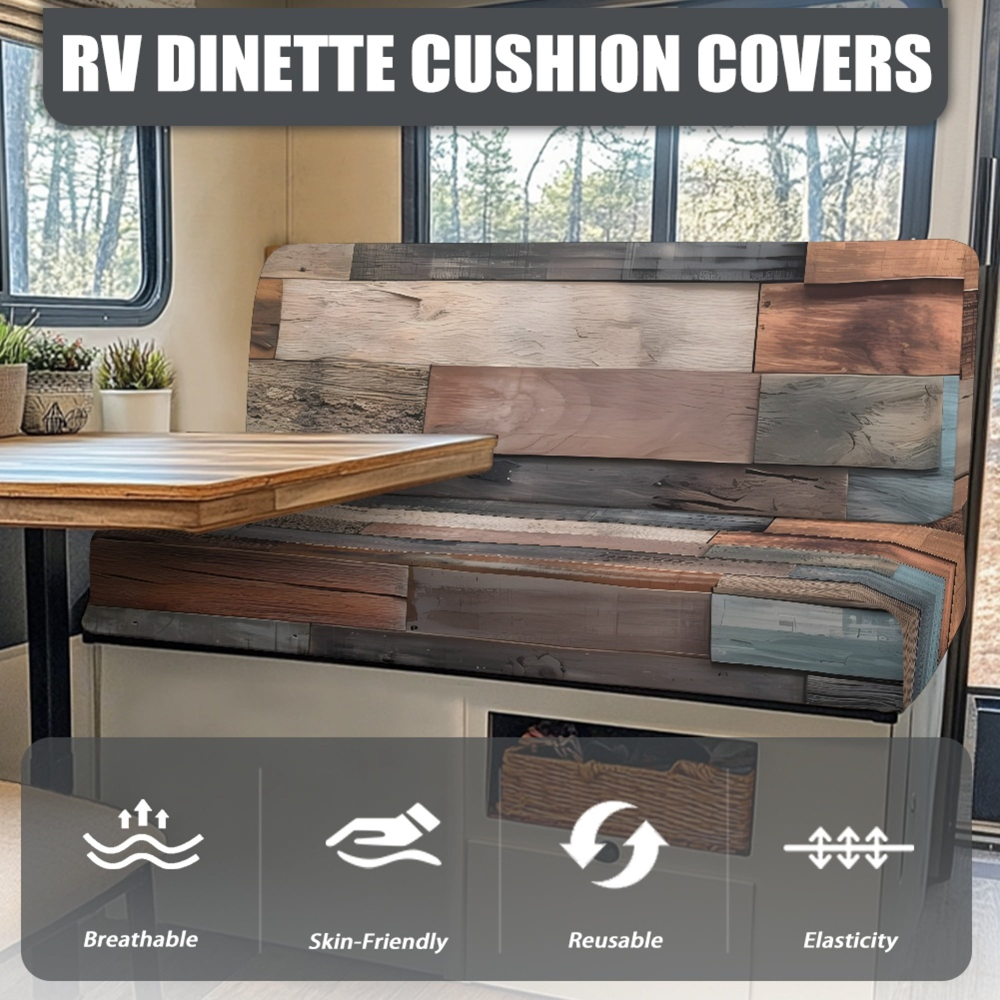 FOR U DESIGNS Wood Pattern 2 Pcs RV Dinette Cushion Covers Anti-Slip Camper Cushion Slipcover Stretch 2 Seat Sofa Chair Cover 1 Backrest Covers and 1 Bench Covers