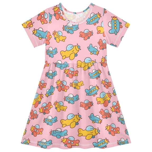 Airplane Short Sleeve Dress A-Line Cute Midi Casual Sundress 2-8 Years
