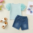 thumbnail image 3 of Kucnuzki 3T Toddler Girl Summer Outfits Shorts Sets 4T Short Mesh Puff Sleeve Pure Color Casuak Tee Top Elastic Denim Shorts 2PCS Set Green, 3 of 9