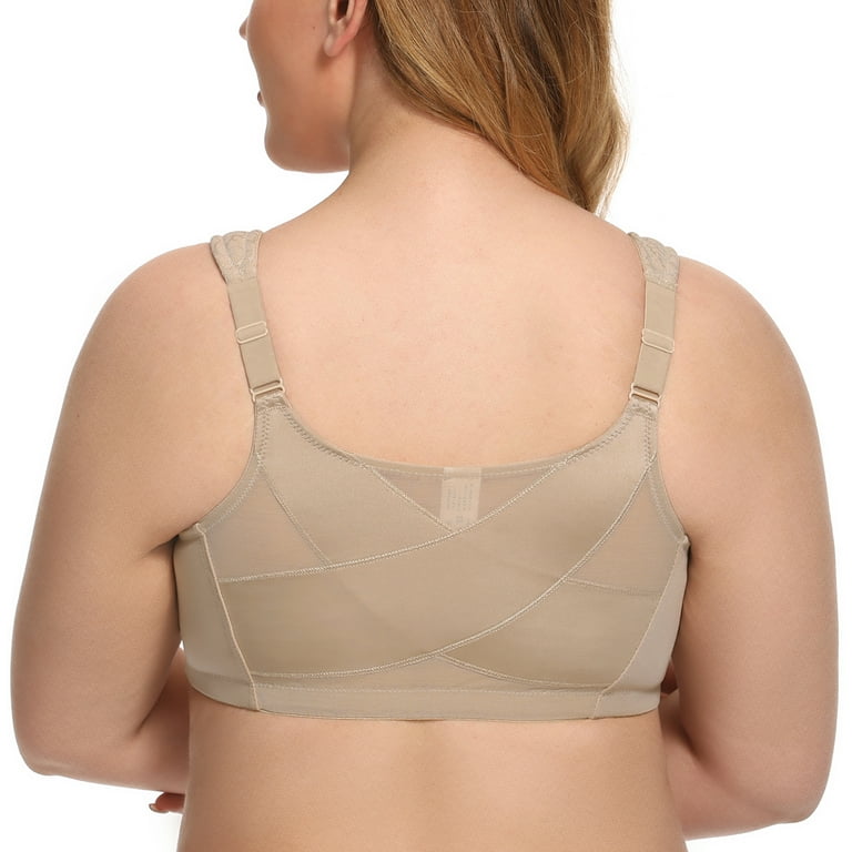 Exclare Women's Front Closure Full Coverage Wirefree Posture Back Everyday  Bra(44D, Beige)