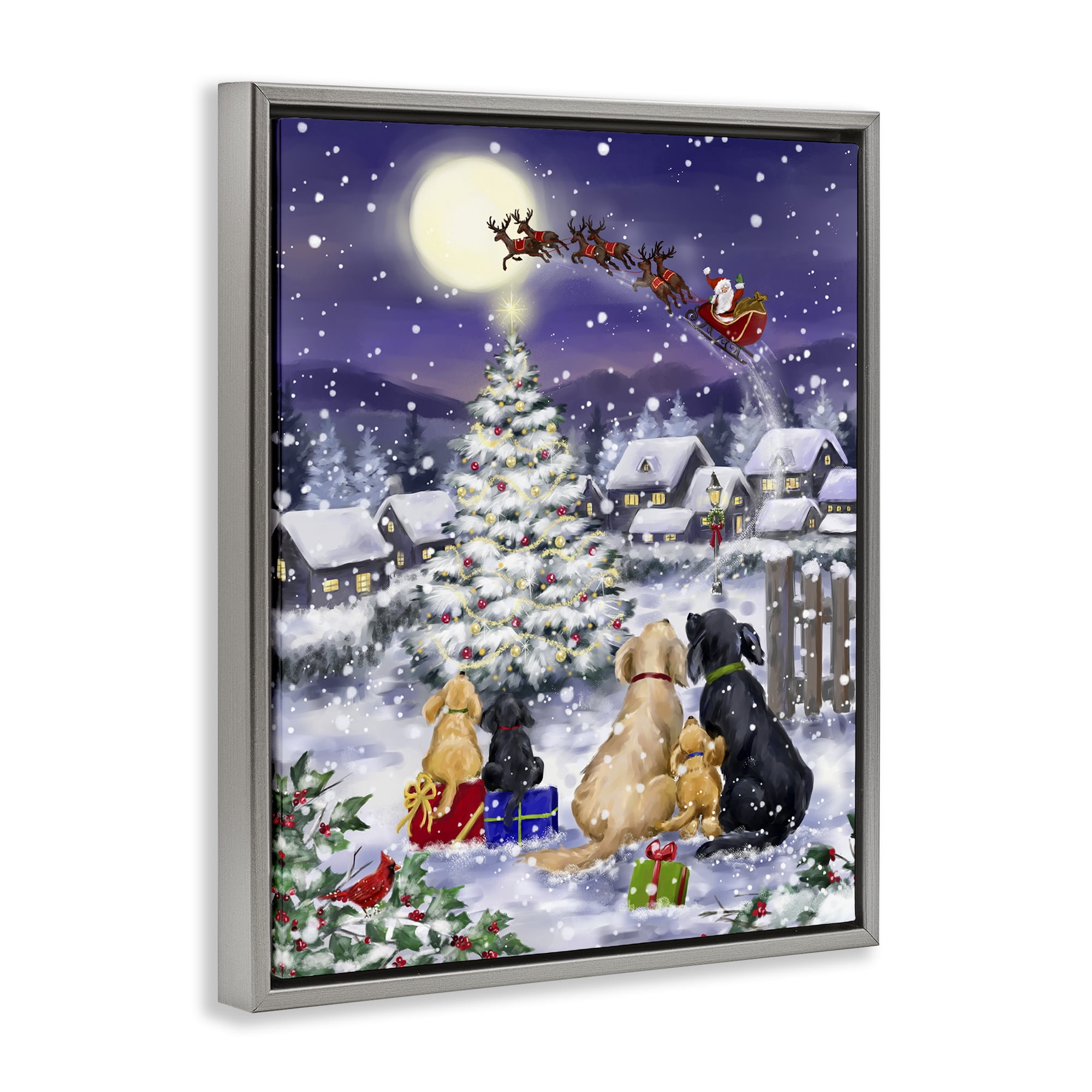 Stupell Industries Dogs Watching Sleigh Holiday Painting Gray Floater Framed Art Print Wall Art, 17 x 21