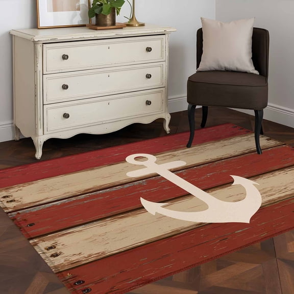 3'x5' Area Rugs, Nautical Anchor Indoor Outdoor Area Rug for Living Room Bedroom, Red Beige Rretro Wooden Board Textures Washable Bathroom Rugs Kitchen Floor Carpet Mats Home Decor Aesthetic