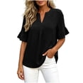 thumbnail image 4 of ClodeEU Women's Faux Linen V Neck Ruffle 3/4 Sleeve Blouse,Casual Loose Fit Solid Color Top Black,Women's Plus S, 4 of 8