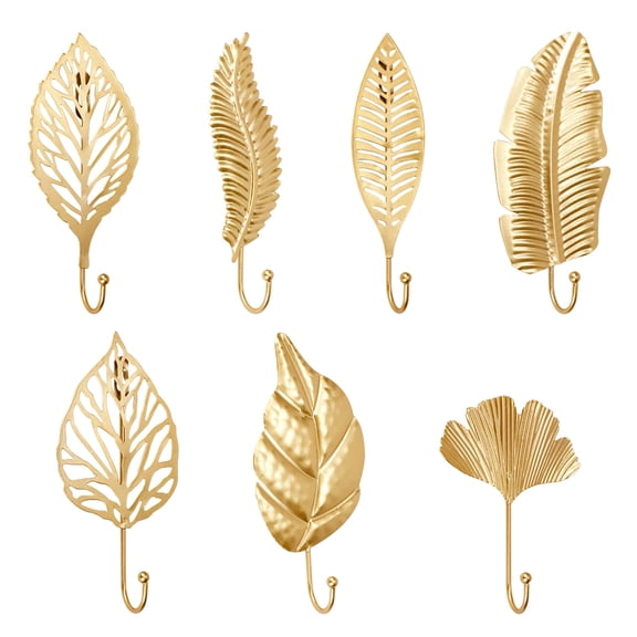 WSNIJFU 7Pcs Leaves Decorative Wall Hooks for Hanging Heavy Duty,Gold Hanging Key Holder for Wall Decor Metal Coat Hooks Wall Mount,Decorative Hanger for Bathroom Kitchen