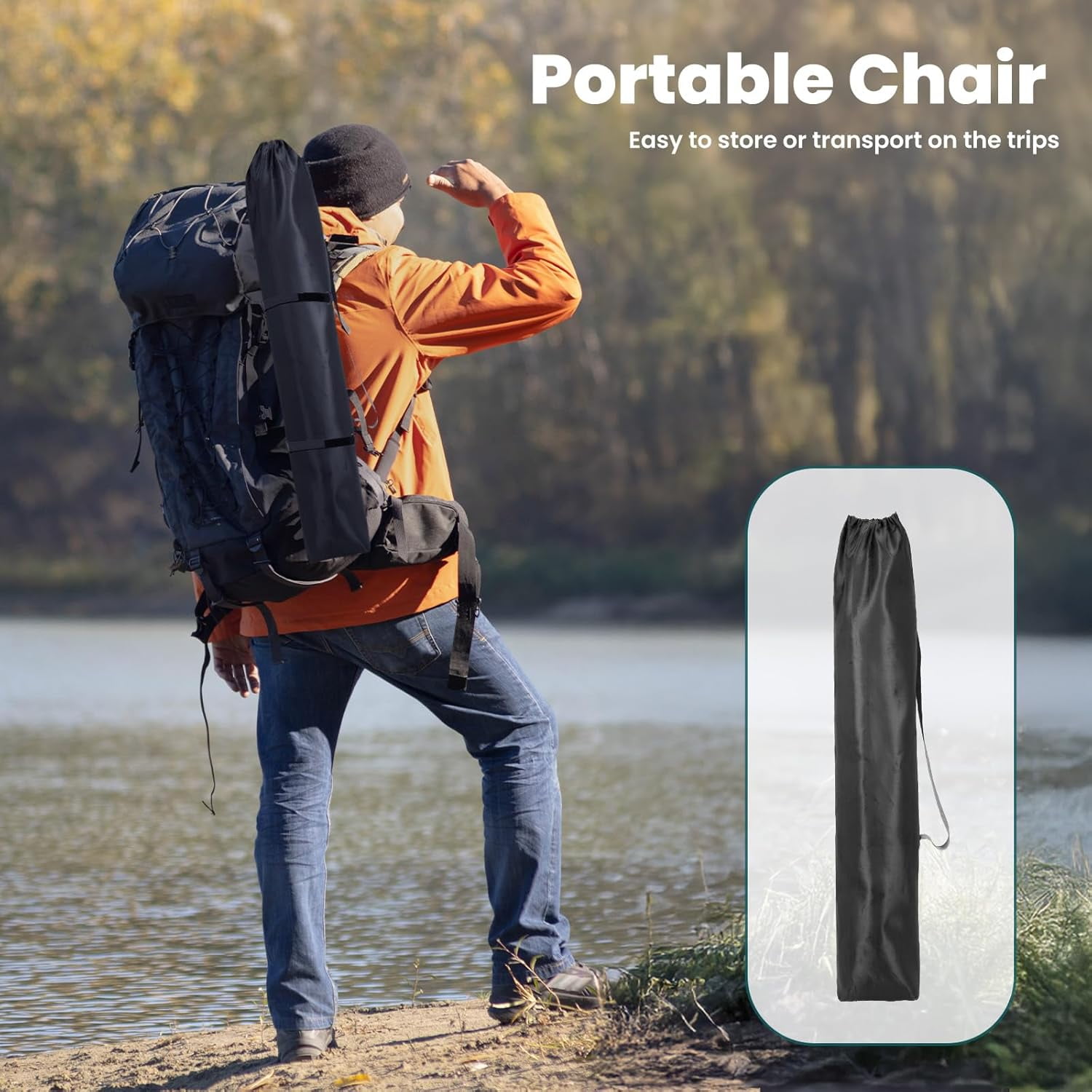 Oversized Camping Chair, Folding Chairs with Padded Back and Armrest, Steel Frame with Cooler Bag, Storage Netting Cup Holder, Black