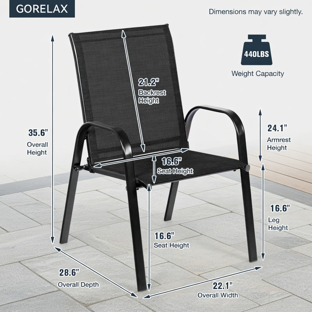 Hommoo 2-Pack Outdoor Dining Chairs with Armrests, Heavy-Duty Steel Frame, Breathable Fabric, All-Weather Patio & Balcony Seating, Black