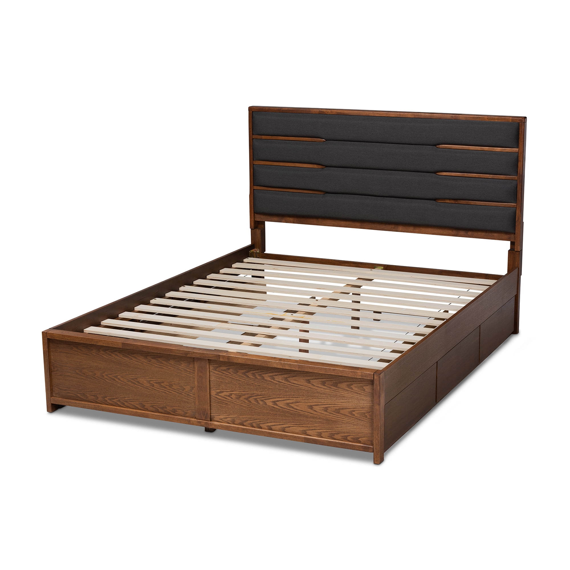 Baxton Studio Elin Modern and Contemporary Dark Gray Fabric Upholstered Walnut Finished Wood Queen Size Platform Storage Bed with Six Drawers
