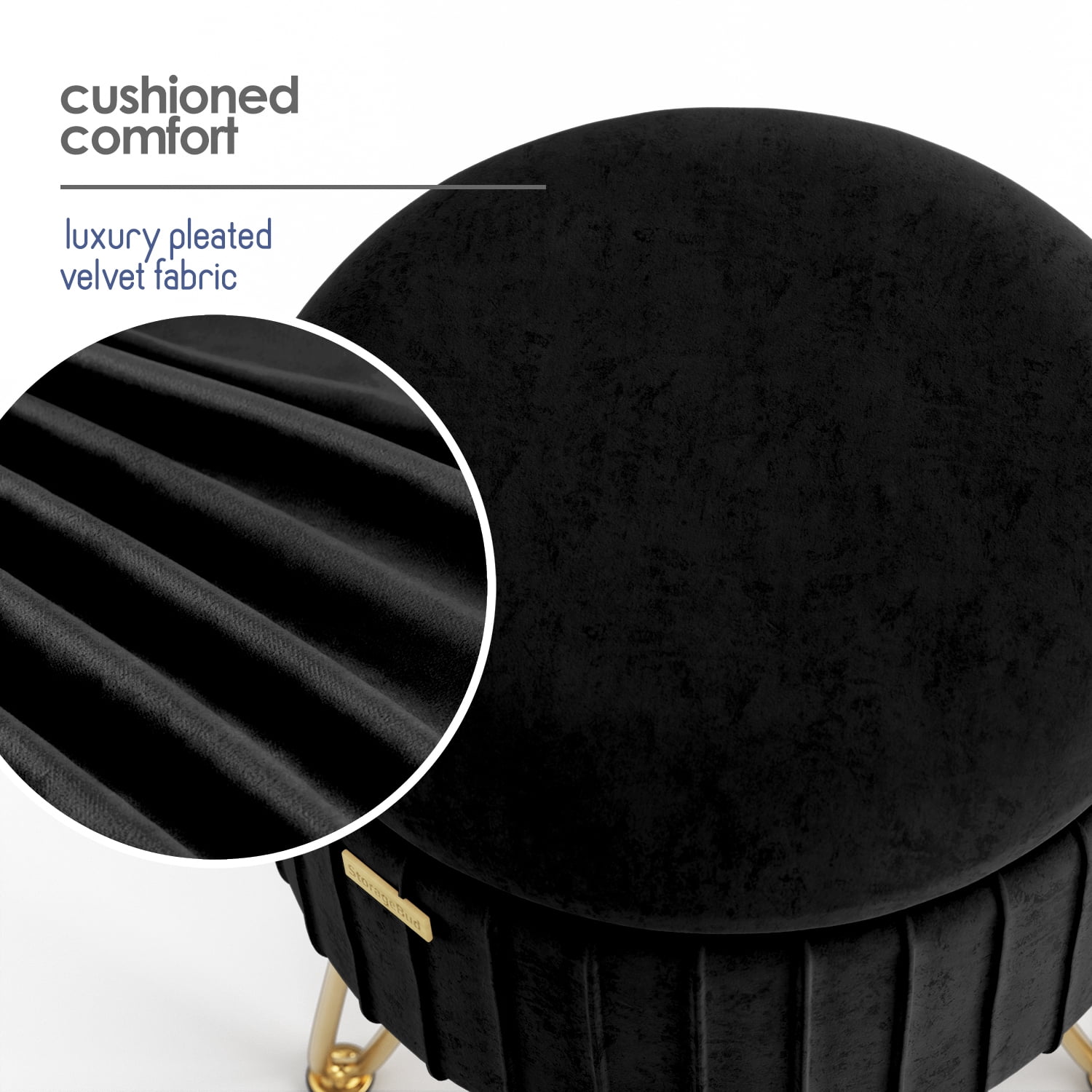Hearth & Harbor Round Ottoman with Storage, Luxurious Foot Stool and Chic Vanity Stool with Storage, Elegant Pleated Velvet Black