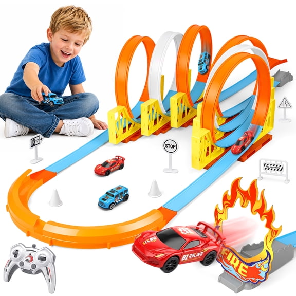 Carsky RC Racing Track Set for Kids, DIY Loop Race Track Playset with Remote Control Car, Pull Back Car, Signs and Track Accessories, Indoor Racing Toy Gift for Boys 3