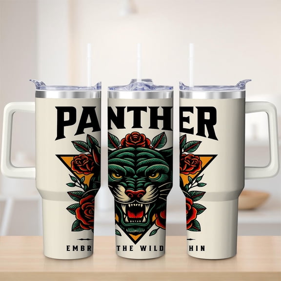 Panther Rose Stainless Steel Insulated Mug with Lid and Handle, 30oz