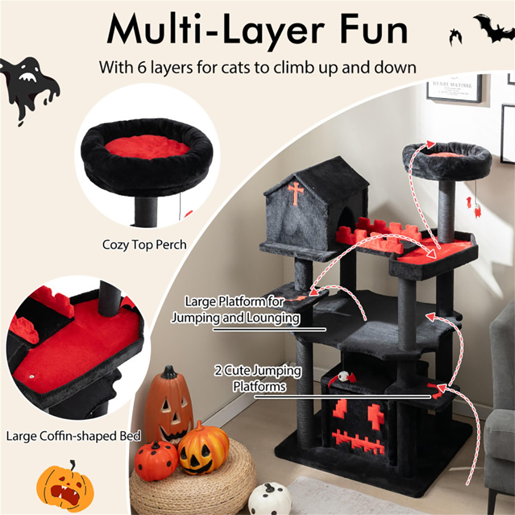 Pefilos 67" Tall Gothic Cat Tree for Large Cats, Cat Tower with Sisal Scratching Posts, Bat-Shaped Hanging Ball, Multi-Level Spooky Cat Condo, Black Pefilos 67" Tall Gothic Cat Tree for Large Cats, Cat Tower with Sisal Scratching Posts, Bat-Shaped Hanging Ball, Multi-Level Spooky Cat Condo, Black
