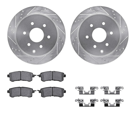 Dynamic Friction Company Rear Brake Rotors-Drilled and Slotted-Silver with 5000 Advanced Brake Pads includes Hardware 7512-68019