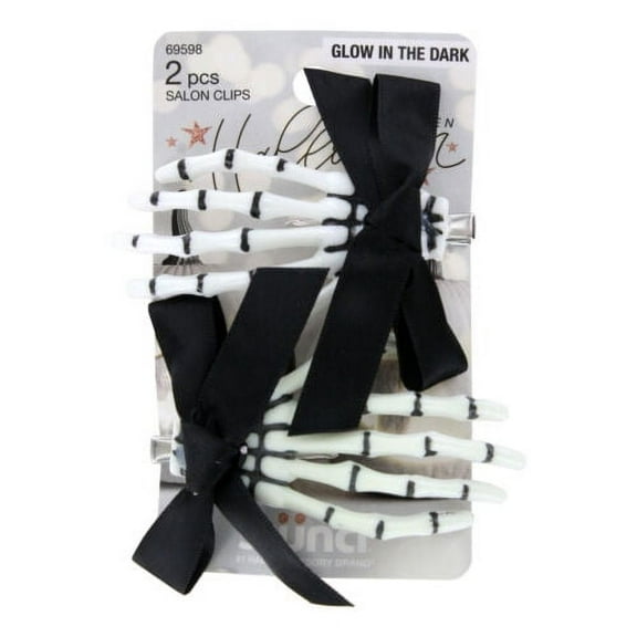 Scunci Glamoween Glow-in-the-Dark Skeleton Hand Hair Clips, Black & White Halloween Theme, 2 Ct