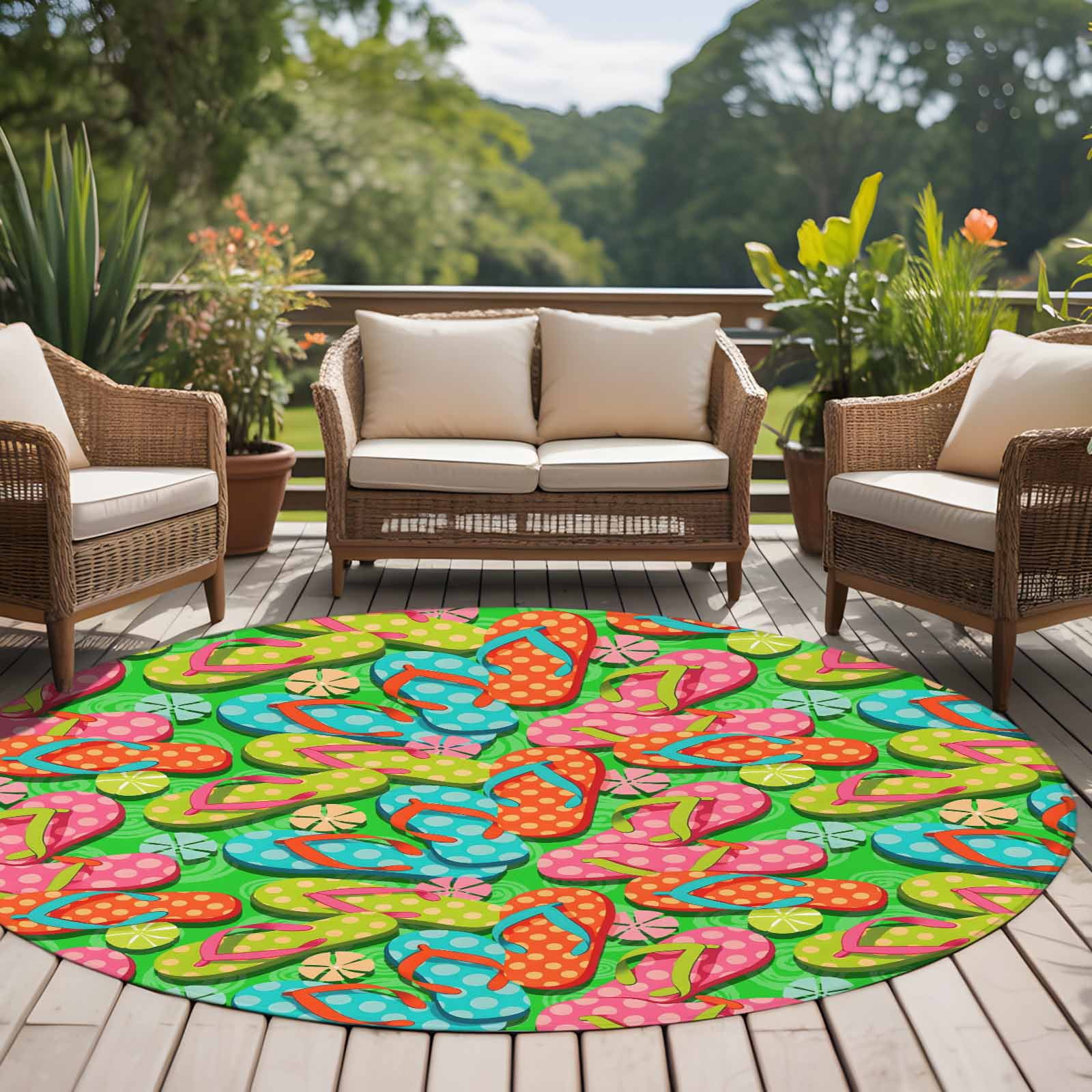 Watercolor Flip Flop Round Area Rug 8Ft Washable Large Circle Rugs for Living Room Dorm, Ocean Beach Slippers Summer Non-Slip Carpet Floor Mats Indoor Outdoor Carpet Runner Aesthetic Home Decor