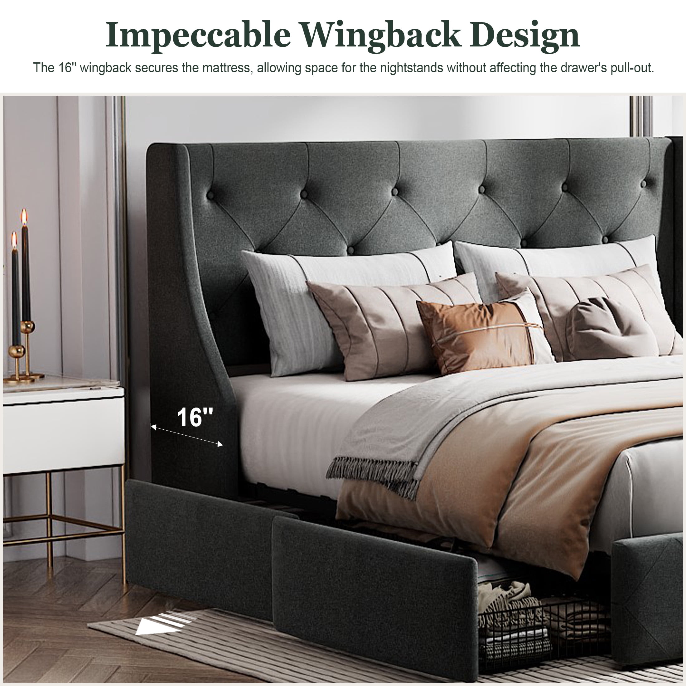 Amolife Queen Size Upholstered Platform Bed Frame with 4 Storage Drawers & Fabric Tufted Wingback Headboard, Dark Gray
