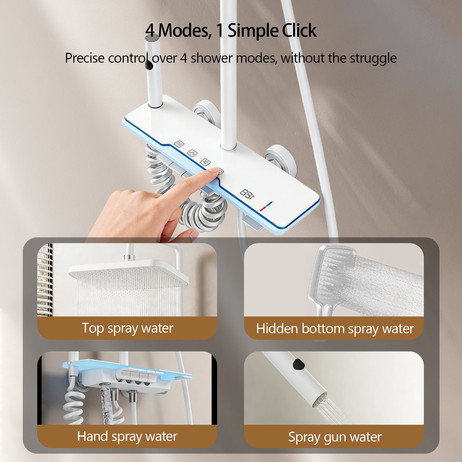 Shower System with Digital Temperature Display, Dual Shower Head Faucet Set with 12 Inch Rain Shower Head and Handheld Shower Head Fixtures, LED Piano Keys, 4 Water Outlet Modes, White