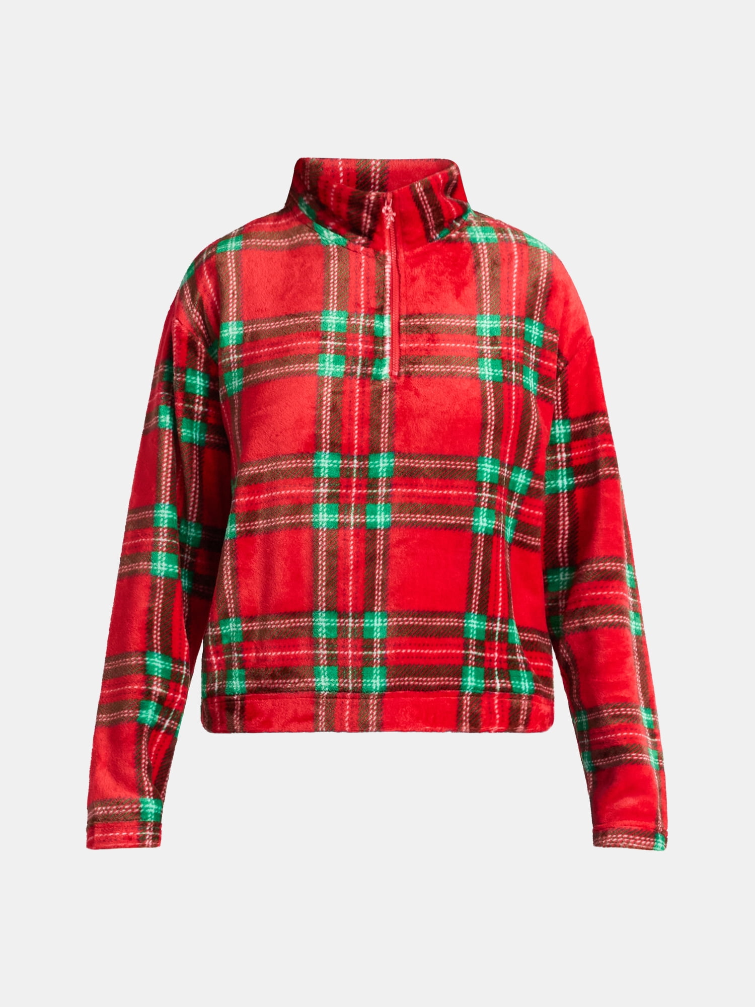 No Boundaries Christmas Quarter Zip Mock Neck Plush Top with Long Sleeves, Women's