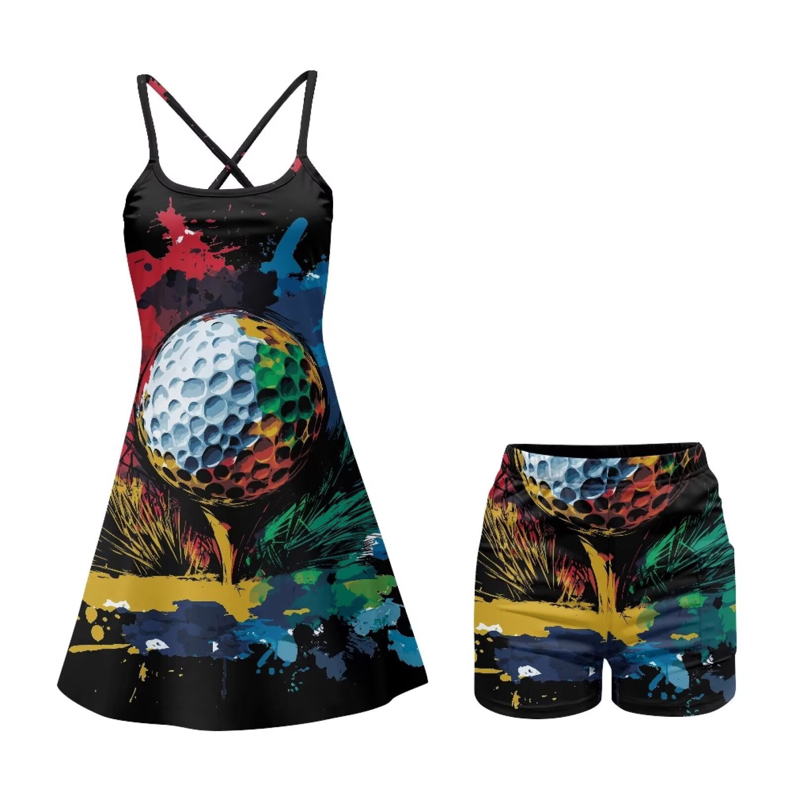 Yuyamidu Colorful Golf Ball Athletic Dress with Shorts for Women, Breathable Backless Sleeveless Tennis Golf Dress Size S, 2 Pieces