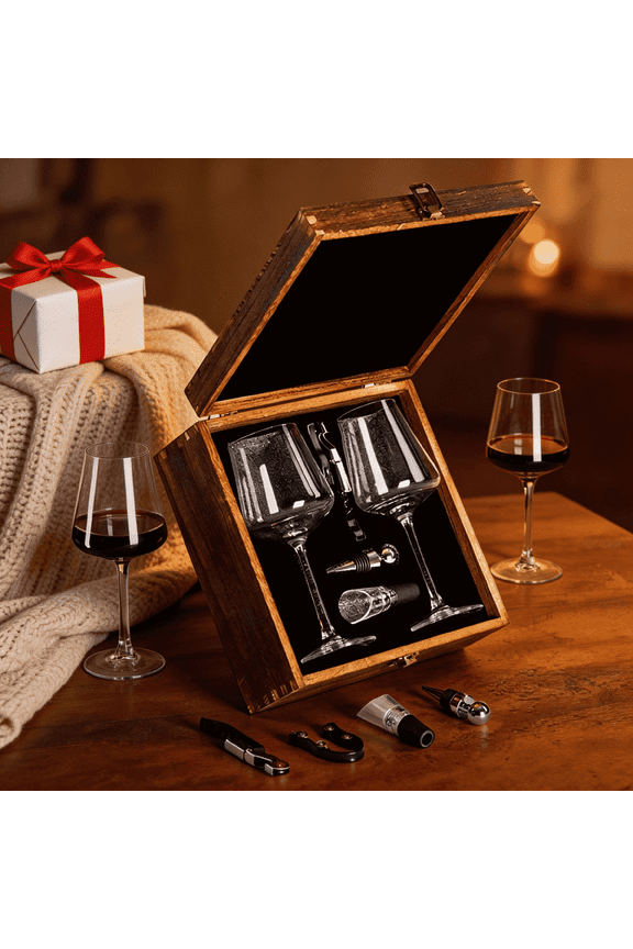 Wine Gift Set with 2 Crystal Wine Glasses (14oz), Professional Wine Opener Kit in Handmade Rustic Wooden Box - Luxury Wine Accessories Anniversary, Wedding, Birthday Gift for Men & Women
