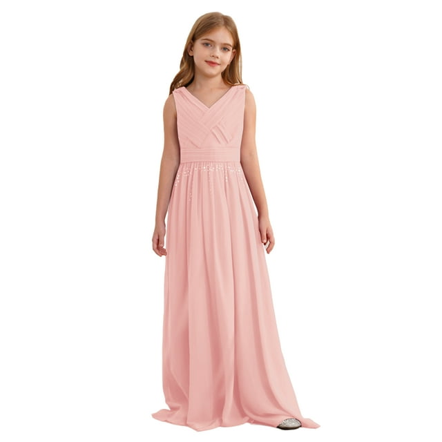 Oyolan Robe de Mariée Sans Manches Col en V Junior Demoiselle d'Honneur Longue Maxi Ligne A Danse Fête Robes Rose 8