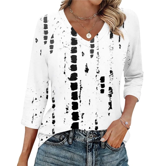 Ounisa T-Shirts à Manches 3/4 pour Femmes Col en V Manches Raglan Chandail Imprimé Décontracté Tendance Printemps Été Mode Hauts P-2TG