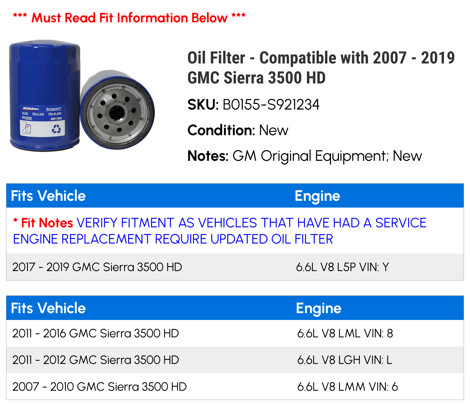 Oil Filter - Compatible with 2007 - 2019 GMC Sierra 3500 HD 2008 2009 2010 2011 2012 2013 2014 2015 2016 2017 2018