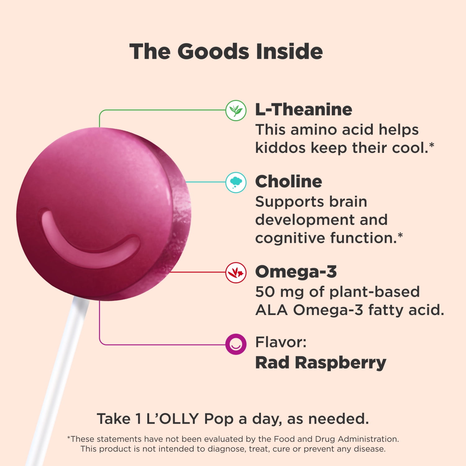 Olly Mellow Buddies Brainy L’OLLY Pops, Kids 4+, L-theanine, Choline, Omega-3, Raspberry Flavored Lollipops, 25 Ct