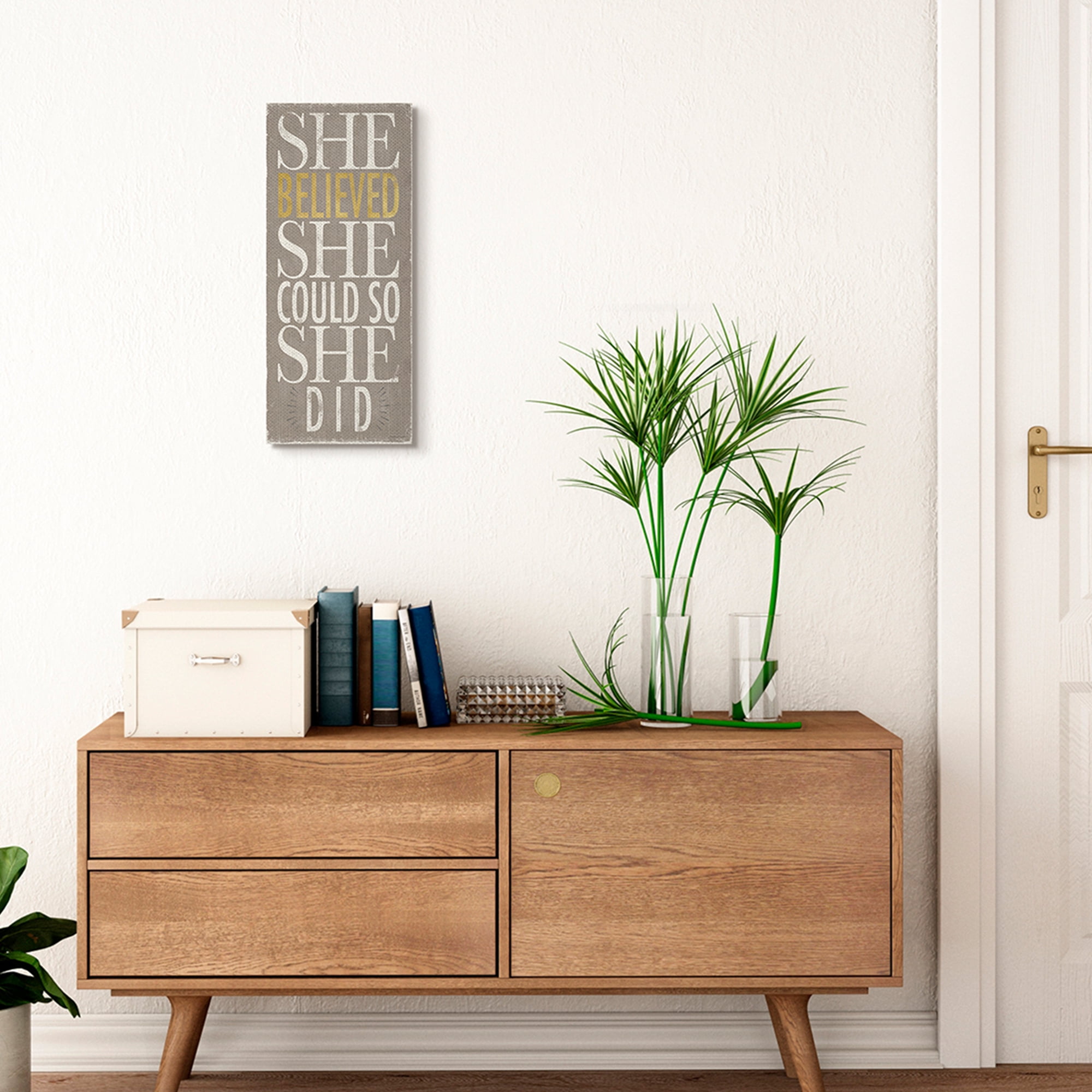 Stupell Industries She Believed She Could Phrase Distressed Grey Inspirational Painting Gallery Wrapped Canvas Art Print Wall Art, 10 x 24