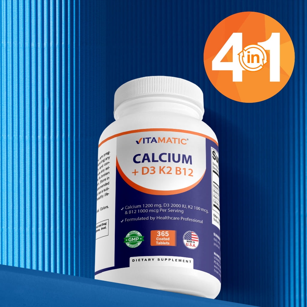 (2 pack) Vitamatic Calcium Supplement 1200mg with D3, K2 & B12, Immune & Bone Health Support - 365 Coated Tablets
