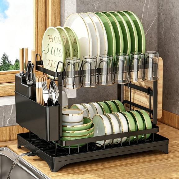 INTIGE 2-Tier Dish Drying Rack, Dish Racks for Kitchen Counter, Carbon Steel Dish Drying Rack with Cutlery Holder