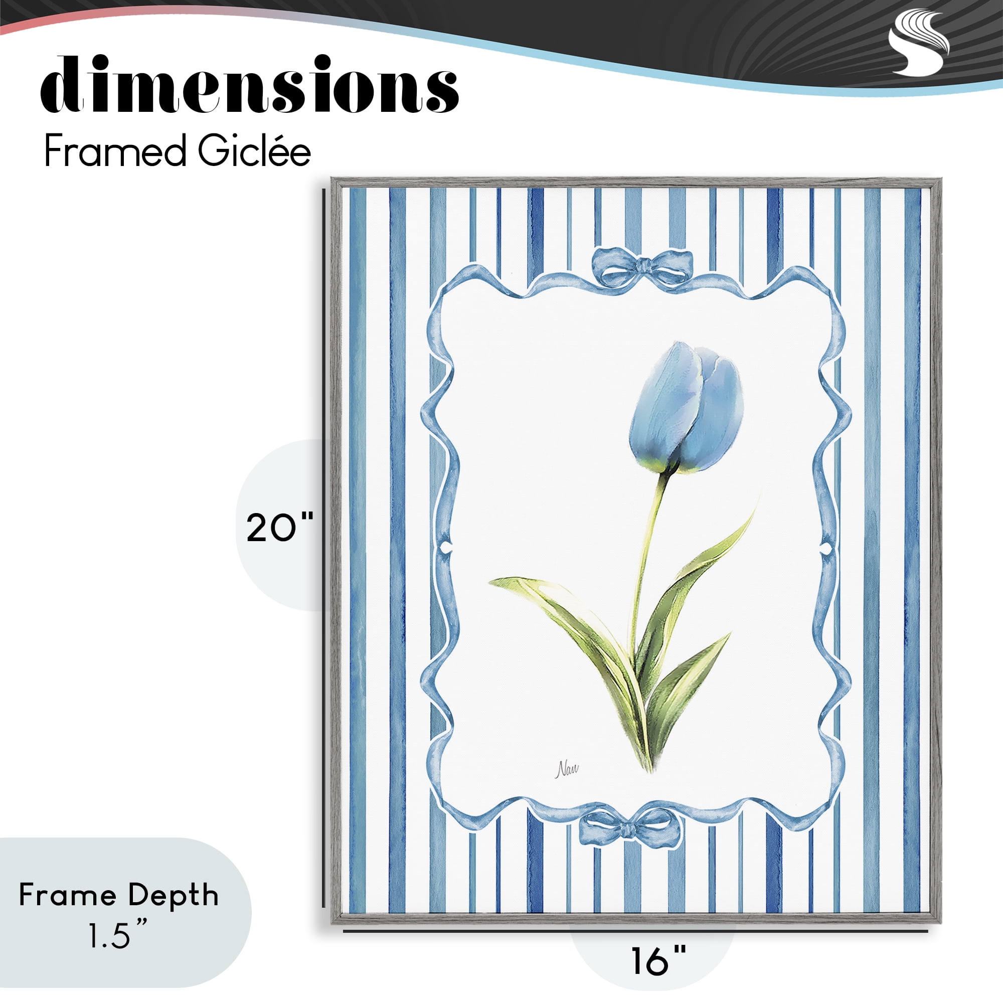 Stupell Industries Blue Tulip & Ribbon Border Gray Framed Giclee Art, design by Nan