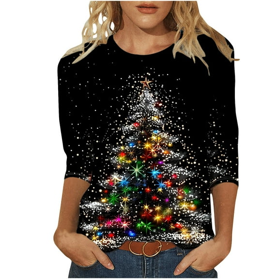 Oalirro Merry Christmas T-Shirt for Women Cute Xmas Tree Tops Vintage Graphic 3/4 Sleeve Tees