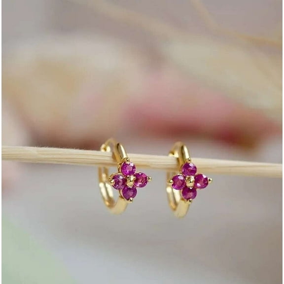1CT Pink Ruby 925 Silver Huggie Hoop Earrings 14K Yellow Gold Plated