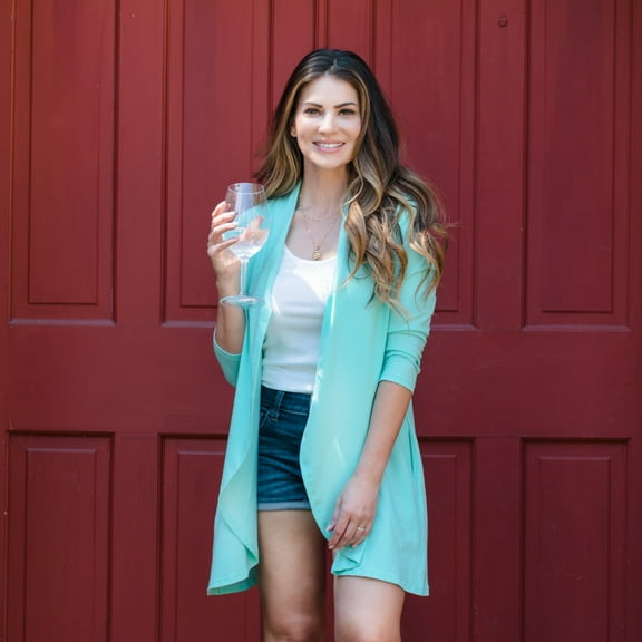 Howard's S/M Aqua Sky 3/4 Sleeve Comfort Stretch Knit Denim Waterfall Hem Cardigan with Pockets for Women