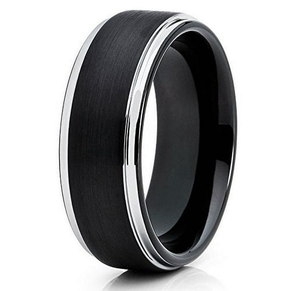 Silly Kings 8mm Brushed Black Tungsten Carbide Wedding Silver Unique Edges Band Men & Women Comfort Fit 9.5