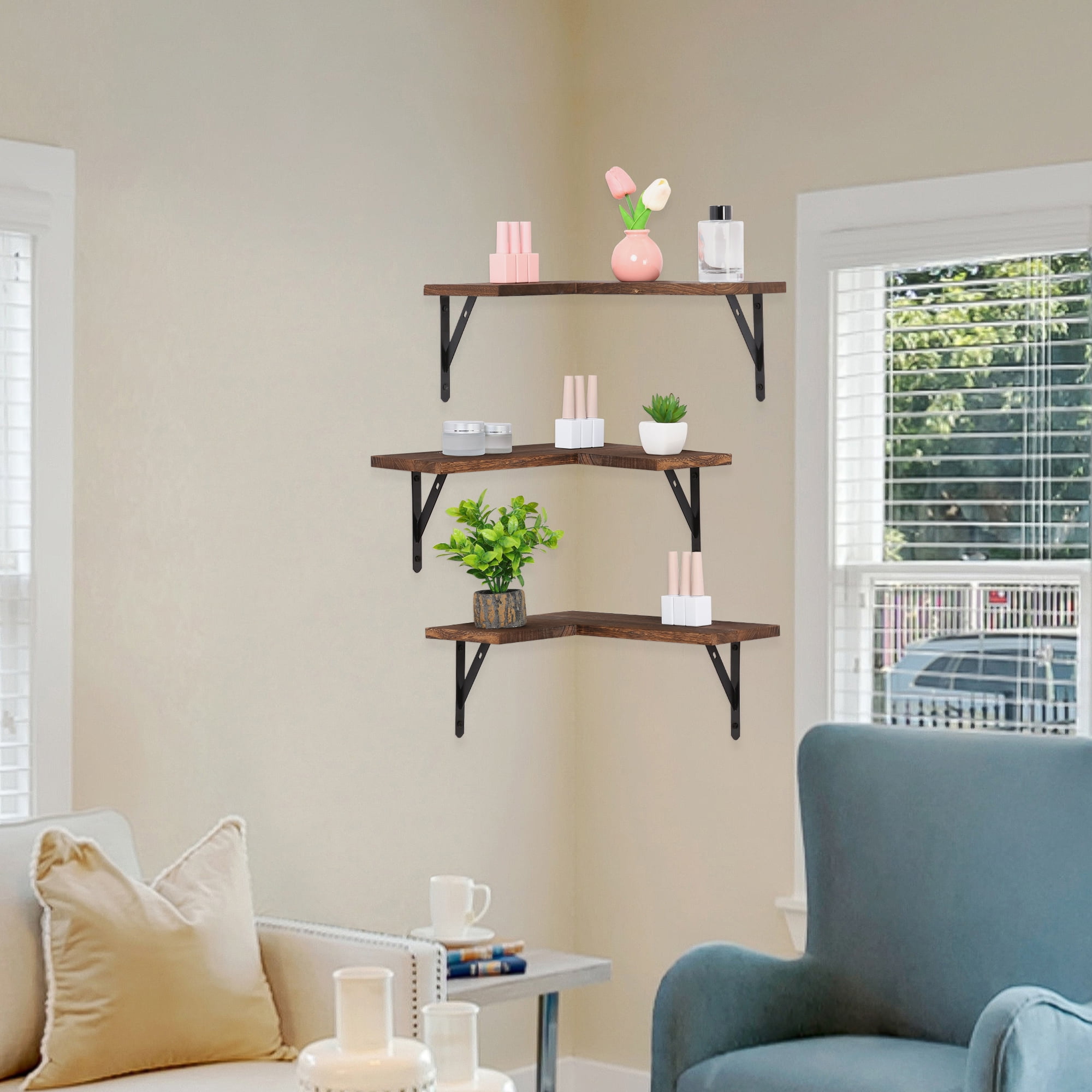 Unique Bargains Wood Floating Shelves Set of 3 Wall Mounted Shelves Dark Brown 15.7"