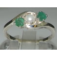 thumbnail image 2 of LBG British Made 18k White Gold Cultured Pearl & Emerald Womens Trilogy Ring - 33 size options - Size 11, 2 of 6