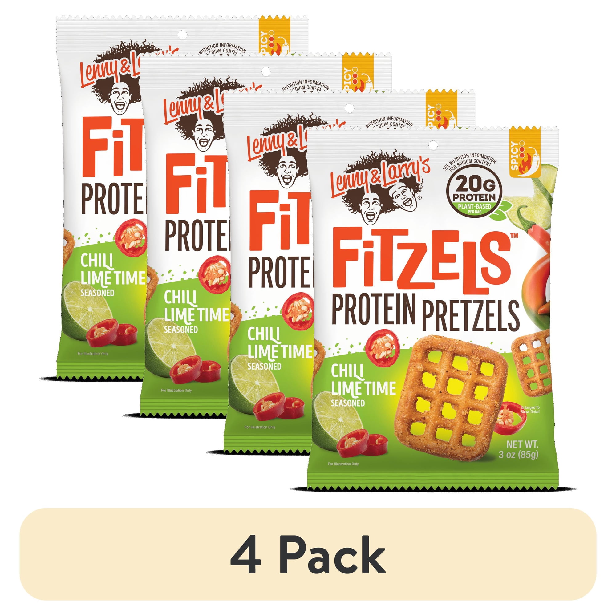 (4 pack) Lenny and Larry's Fitzels Protein Pretzels, Chili Lime, 20g Protein, 3 oz